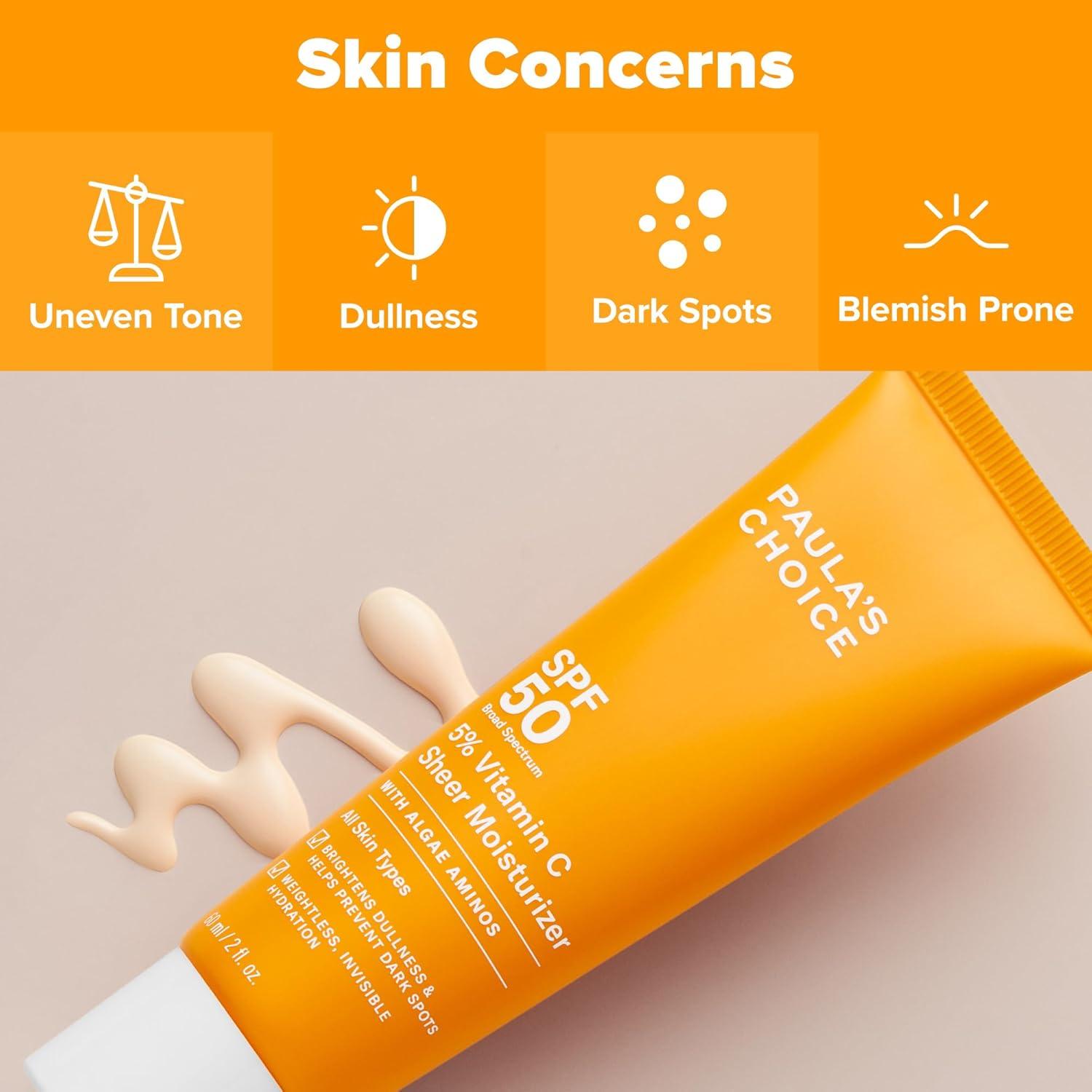 image:imagePaulas Choice 5 Vitamin C Sheer Sunscreen for Face SPF 50 Face Sunscreen Moisturizing Lightweight Invisible Prevents Dark Spots No Cast All Skin Types UVAUVB Protection FragranceFree 2oz