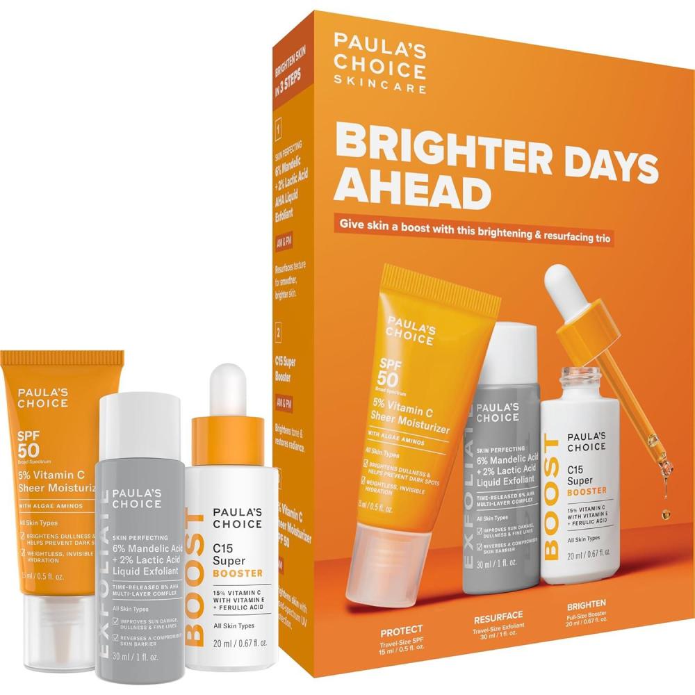 image:imagePaulas Choice Brighter Days Ahead Kit Vitamin C and AHA Trio Includes Travel Size C5 SPF Face Sunscreen Mandelic Acid Exfoliant C15 Vitamin C Booster Serum Brightening amp Resurfacing 3Piece Set