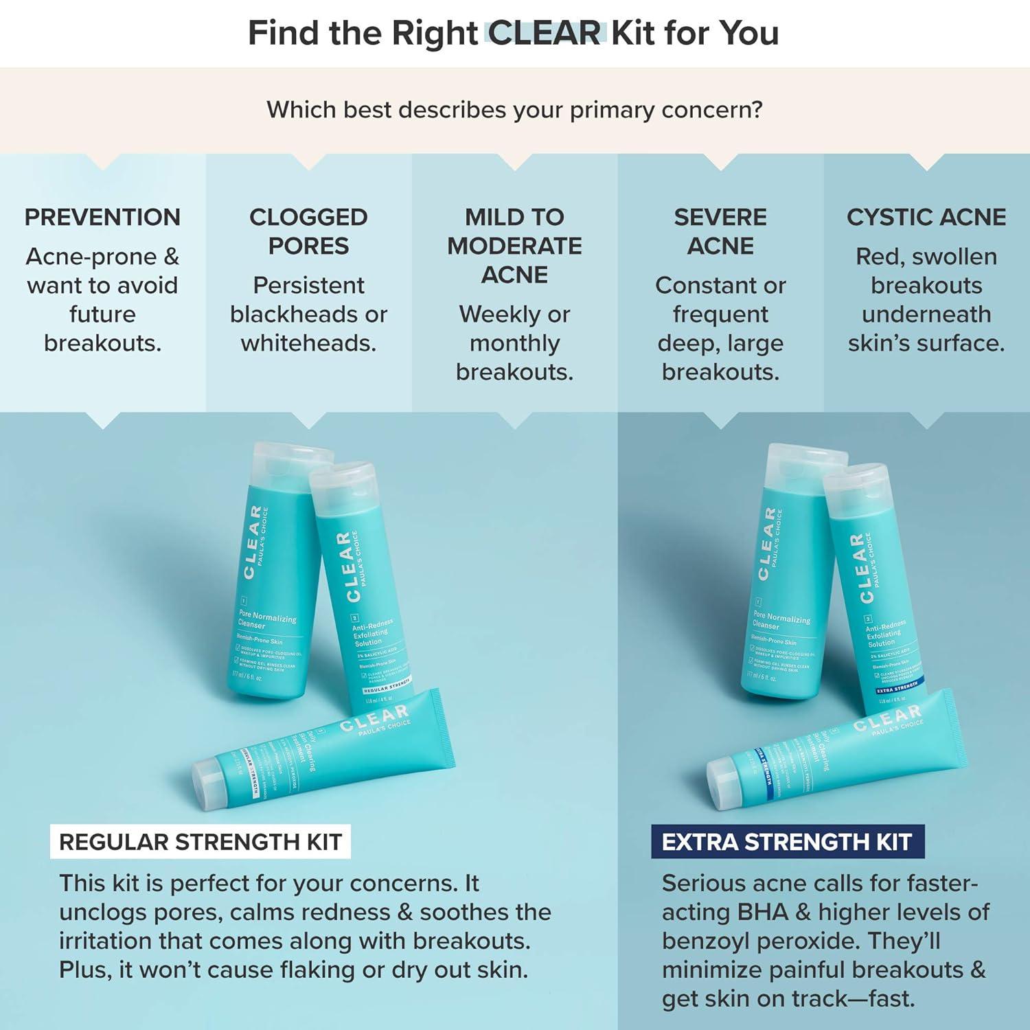 image:imagePaulas Choice CLEAR 3Piece Acne Kit Includes Daily Cleanser 2 Salicylic Acid Exfoliant amp Benzoyl Peroxide Treatment Prevents amp Treats Mild to Severe Acne amp Breakouts FragranceFree Set of 3Trial Size Regular Strength