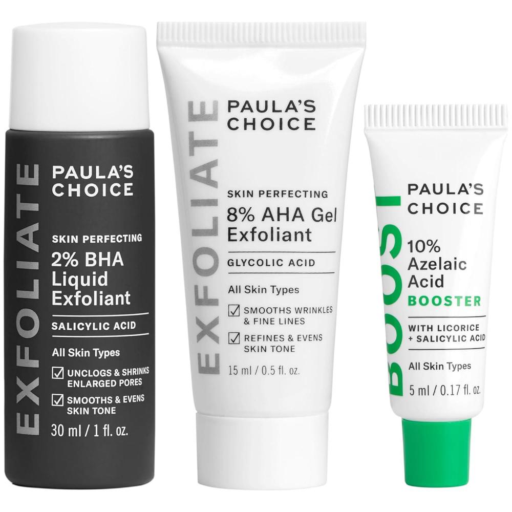 image:imagePaulas Choice 2 BHA Liquid amp 8 AHA Gel Facial Exfoliants with Salicylic amp Glycolic Acid 10 Azelaic Acid for Large Pores Wrinkles amp Uneven Tone FragranceFree 3Piece Travel Kit